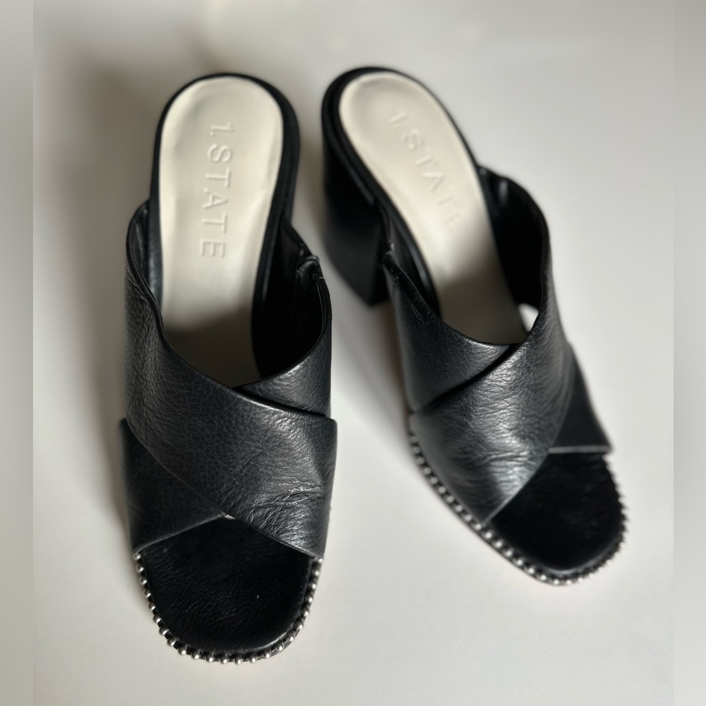 1. State Ricard black leather studded block heel sandal 8.5